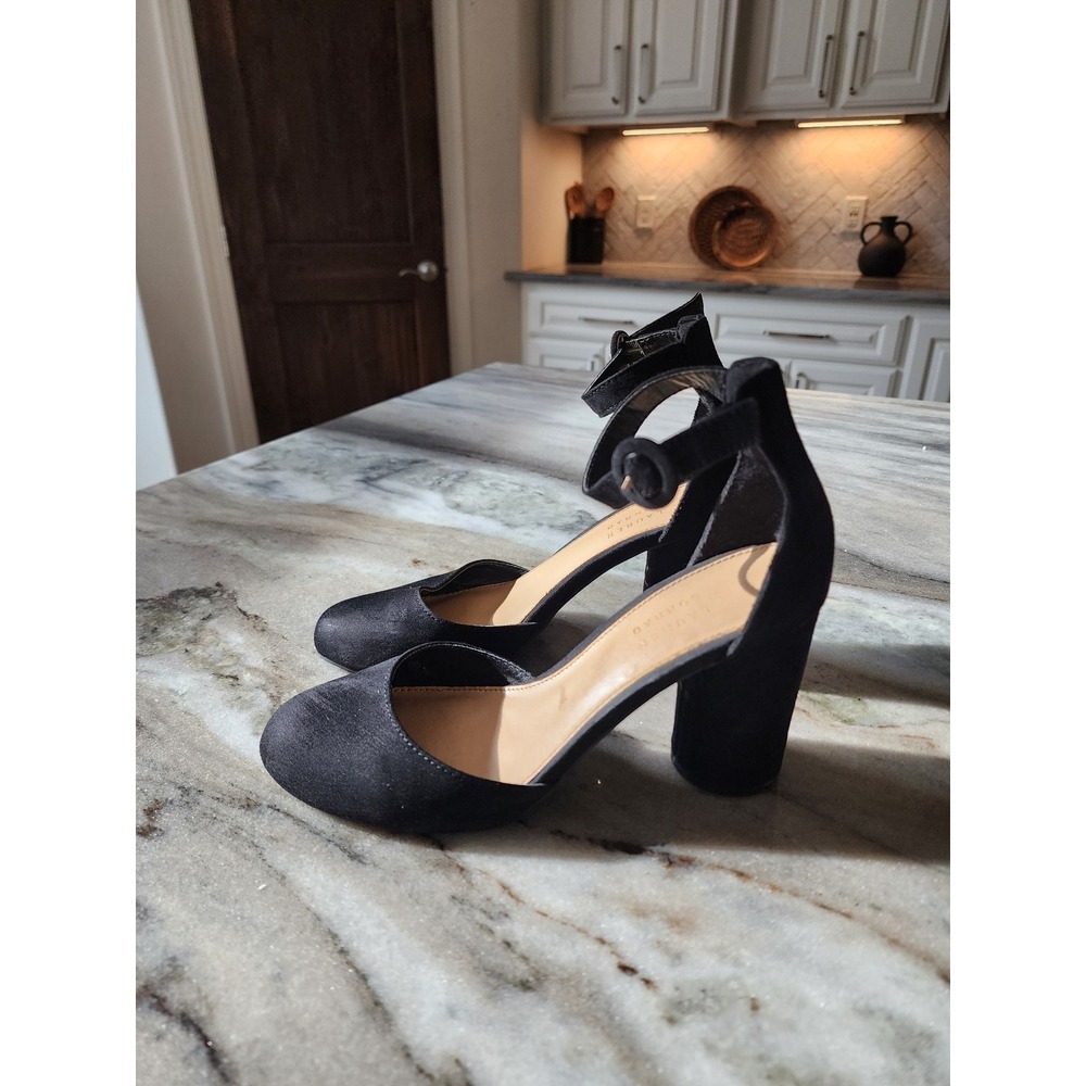 LC Lauren Conrad Black Faux Suede Ankle Strap Block Heel Pumps Size 7.5